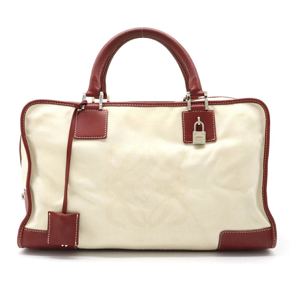 Loewe Amazona Handbag Boston Bag Canvas Leather Beige Cream Wine Red